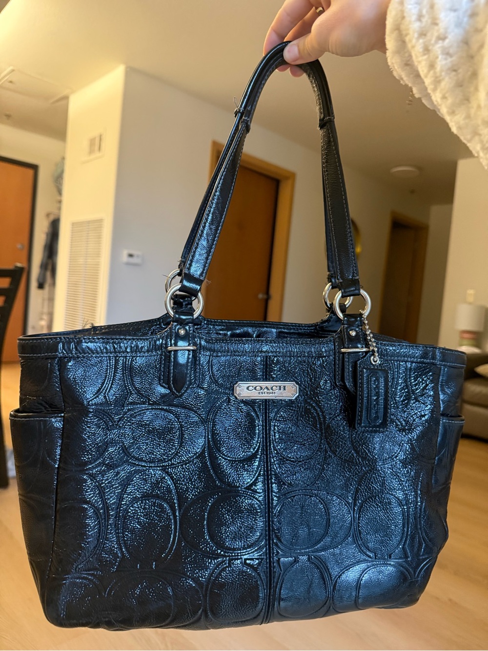 Coach Black Patent Signature Tote with Logo Plaque